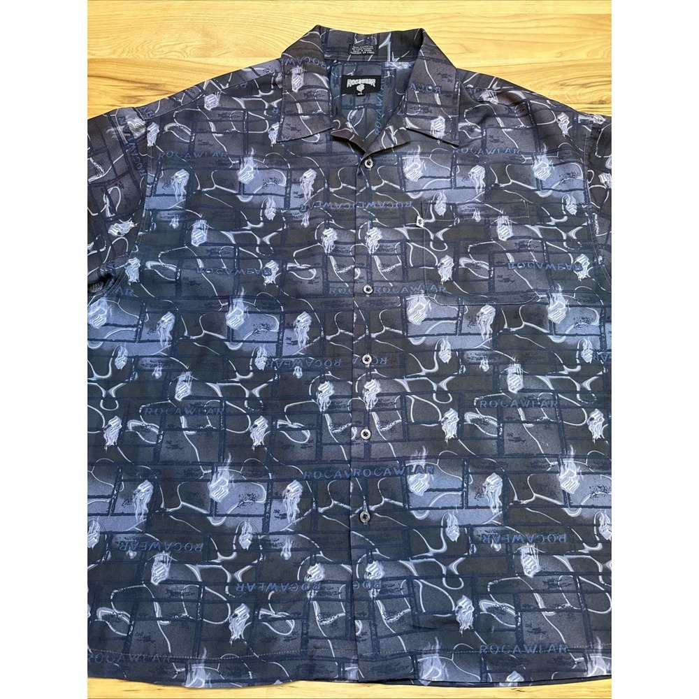 Rocawear Shirt Mens Size XL Blue Logo All Over Print Short Sleeve Button Down - Picture 3 of 5